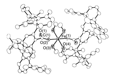 
          Representation of the X-ray crystal structure of 
[Fe(BmtCO2)2- (MeOH)4]·4MeOH as 50% 
thermal ellipsoids, with H atoms and the solvent molecules omitted for 
clarity. Selected bond distances (Å) and angles (°): 
Fe(1)–O(2) 2.125(18), Fe(1)–O(3) 2.162(2), Fe(1)–O(4) 
2.091(2), Fe(1)⋯O(1) 3.225(2); O(4)–Fe(1)–O(2) 89.69(8), 
O(4)–Fe(1)–O(3) 90.86(10), O(2)–Fe(1)–O(3) 
89.30(8).
        