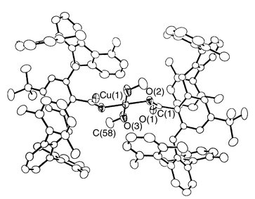 
          Representation of the X-ray crystal structure of 
[Cu(BmtCO2)2- (MeOH)2]as 50% 
thermal ellipsoids, with H atoms omitted for clarity. Selected bond 
distances (Å) and angles (°): Cu(1)–O(2) 1.893(2), 
Cu(1)–O(3) 1.950(2), Cu(1)⋯O(1) 3.245; 
O(2)–Cu(1)–O(3) 91.70(9), O(2)–Cu(1)–O(3a) 
88.30(9).
        