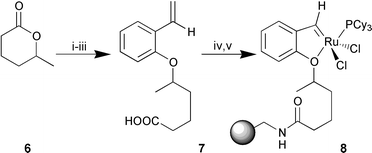 Reagents and conditions: i, sodium methoxide, MeOH, 0 °C to 
rt, 6 h, 95%; ii, 2-vinylphenol, diisopropyl azodicarboxylate, 
PPh3, THF, 0 °C to rt, 14 h, 64%; iii, 1 M NaOH, dioxane, 
rt, 12 h, 88%; iv, polystyrene-NH2, DIC, HOBt, 
CH2Cl2–DMF (1∶1), rt, 12 h; v, 
Cl2(PCy3)2RuCHPh, DCE, rt, 12 
h.