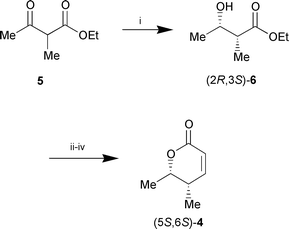 Reagents and conditions: i, bakers’ yeast, 10% aq. EtOH, 
(50%); ii, CH2C(OLi)OtBu, THF, −30 
°C; iii, NaBH4, EtOH, 0 °C; iv, cat. TsOH, 
toluene, reflux, 2 h (53% over three steps).