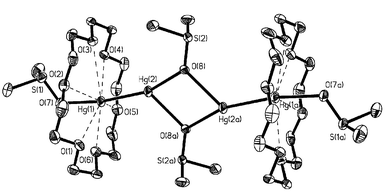 Structure of 
{[Hg2(18-crown-6)(15-crown-5)(H2O)]2+ 
(part of 3c). Thermal ellipsoids are shown at the 20% probability 
level.