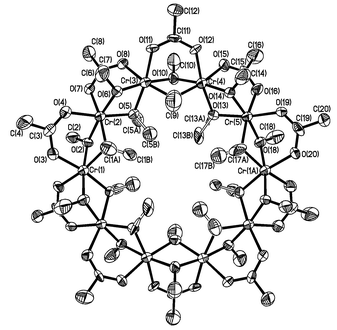 
          Molecular structure (50% thermal ellipsoids) of 
[Cr10(O2CMe)10(OMe)20] 
1. Bond length ranges: Cr–O(Me) 1.935(7)–1.985(8) 
Å, Cr–O(acetate) 1.969(8)–2.005(7) Å. 
Cr···Cr distances: 2.985(3)–2.994(3) Å. 
Bond angle ranges: Cr–O(Me)–Cr 98.0(3)–100.3(4)°. The 
analogous ranges for 2 are: Cr–O(Et) 1.951(6)–1.980(6) 
Å, Cr–O(acetate) 1.981(7)–1.998(7) Å, 
Cr···Cr 2.992(2)–2.997(2) Å, 
Cr–O(Et)-Cr 98.5(3)–100.1(3)°.
        