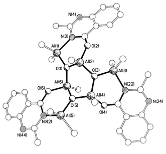 The molecular structure of 3. Selected bond lengths (Å); 
Al(1)–O(1) 1.811(4), Al(1)–N(2) 2.021(5), Al(2)–O(1) 
1.785(4), Al(2)–O(3) 1.788(4), Al(2)–O(2) 1.779(4), 
Al(3)–O(3) 1.827(4), Al(3)–N(22) 2.034(5), Al(4)–O(3) 
1.770(4), Al(4)–O(4) 1.783(5), Al(4)–O(5) 1.785(4), 
Al(5)–O(5) 1.825(4), Al(5)–N(42) 2.015, Al(6)–O(1) 
1.784(4), Al(6)–O(5) 1.794(4), Al(6)–O(6) 1.785(5).