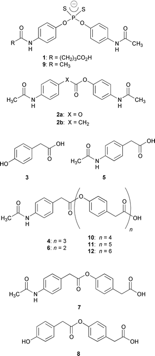 
          Structures of hapten 1, inhibitor 9, carbonate 
2a, oligoesters 4, 6, 
10–12, simple esters and products derived from 
hydrolysis, 2b, 3, 5, 7 and 
8.
        