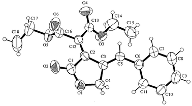 
          ORTEP drawing of 5a (50% probability ellipsoids). Selected bond 
lengths (Å) and torsion angle (°): C1–C2 = 1.499(3); 
C2–C3 = 1.460(2); C3–C4 = 1.501(2); C1–O1 = 1.344(2); 
O1–C4 = 1.444(2); C2–C12 = 1.345(2); C3–C5 = 1.344(2); 
∠C5–C3-C2–C12 = 21.9(3). More detailed structure data are 
given in the supplementary data.
        