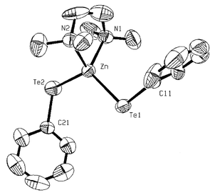 ORTEP drawing of [Zn(TePh)2][TMEDA]. Selected bond distances 
(Å) and angles (°): Te(1)–Zn(1) 2.5769(14), 
Te(2)–Zn(1) 2.5876(15), Zn(1)–N(1) 2.126(9), Zn(1)–N(2) 
2.145(9); Te(1)–Zn–Te(2) 118.29(6), N(1)–Zn(1)–N(2) 
84.1(4).