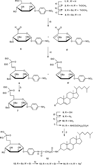 Reagents and conditions: (a) CH3OTRCl, pyridine,
94%; (b) BzCl, pyridine, 90%; (c)
Ce(NH4)2NO3CN–H2O
95∶5, 80 °C, 90%; (d) Swern oxidation, (COCl)2, DIEA,
DMSO, THF, 5: 37%, 5′: 63%; (e)
Wittig–Horner, TEMDP, NaH, benzene, 6′: 40%; (f)
H2 Pd/C, EtOH, 86%; (g) PPH3, HN3, DEAD,
toluene, 65%; (h) LiAlH4, Et2O, 95%; (i) succinic
anhydride, TEA, Et2O, 90%; (j) DCC/HOBT, DMAP,
N-Et-morpholine, CH2Cl2, 80%; (k)
MeOH–NH3, 4 °C, 90%; (l) Me3SiBr, pyridine,
CH2Cl2 then Na cation exchange resin, 40%.