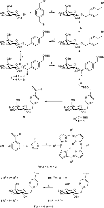 
          
            a, NaH, THF, rt, 2 h, 90%; b, TBDMSOH, Ag(OTf), 
2,6-di-tert-butylpyridine, CH2Cl2, rt, 3 h, 
60%; c, MeONa, MeOH, rt, 3 h; d, NaH, BnBr, 
Bu4N+I−, THF–DMF, rt, 8 h, 80% 
for 2 steps; e, MMPP, THF–EtOH–H2O, 60 
°C, 2 h, 87%; f, CBr2F2, KOH 25% on 
alumina, CH2Cl2–t-BuOH, 0 °C to 
rt, 3 h, 88%; g, H2, Pd 5% on alumina, EtOAc, rt, 12 h, 
95%; h, Bu4N+F−, THF, rt, 2 
h, 98%; i, Oxalyl chloride, DMSO, CH2Cl2, 
−78 °C, then Et3N, −78 °C to rt, 1.5 h, 85%; 
j, BF3·OEt2, NaCl, rt, 5 h, 
then DDQ, rt, 30 min, 15% for 10, 53% for 11; k, 
H2, Pd 10% on carbon, EtOAc–MeOH, rt, 16 h, 98%.
        