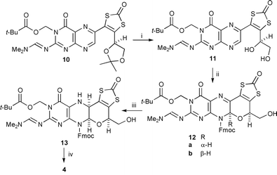 
          
            Reagents and conditions: i, TFA, CH2Cl2, 
0 °C→rt (90%); ii, Fmoc-Cl, 1,4-dioxane, H2O, 35 
°C, 14 h (84%); iii, 11a, NaB(CN)H3, AcOH, 
CH2Cl2, MeOH, rt (92%); iv, Et2NH, THF, rt 
(85%).
        