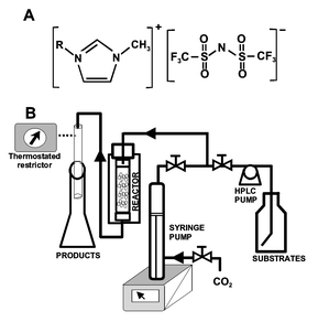 
          A. Structure of 1-alkyl-3-methylimidazolium triflimide, obtained according to Lozano et al.7B. Experimental set-up.