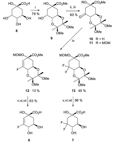 
          Reagents and conditions: i, MeC(OMe)2C(OMe)2Me, HC(OMe)3, CSA, MeOH, 65 °C, Ar, 16 h; ii, RuCl3, KIO4, K2CO3, H2O, CHCl3, 20 °C, 48 h; iii, CH2(OMe)2, P2O5, CHCl3, 20 °C, 16 h; iv, DAST, DME, 80 °C, Ar, 6 h; v, TFA, H2O, 60 °C, 2 h; vi, NaOH, H2O, 20 °C, 30 min; vii, Amberlite IR-120(H), H2O, 20 °C, 10 min.