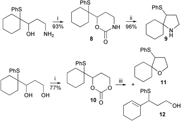 
          Reagents and conditions: i, CDI, CH3CN; ii, SiO2, CHCl3, Δ; iii, SiO2, CHCl3 (11∶12
=50∶50) or CCl4 (11∶12
= 86∶14), Δ.