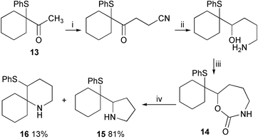 
          Reagents and conditions: i, LDA, THF, −78 °C then BrCH2CN, HMPA, 43%; ii, LiAlH4, Et2O, 99%; iii, CDI, DMF, 65%; iv, SiO2, CHCl3, Δ.