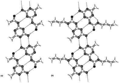 PLUTON representation of the hydrogen bonding patterns in the crystal structures of: (a) 2-(acetylamino)-4-amino-6-methyl-s-triazine 8b, (b) 2-butylureido-4-amino-6-methyl-s-triazine 9b.