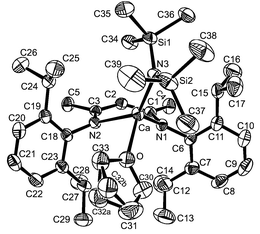 An ORTEP drawing of LCa[N(SiMe3)2]·THF, 1, with thermal ellipsoids drawn at the 50% probability level. Hydrogen atoms are omitted for clarity. Selected bond lengths (Å) and bond angles (°): Ca–N1 2.352(1), Ca–N2 2.370(1), Ca–N3 2.313(1), Ca–O 2.359(1); N1–Ca–N2 81.14(5), N1–Ca–N3 124.79(5), N1–Ca–O 113.79(5), N2–Ca–N3 136.78(5), N2–Ca–O 91.25(5), N3–Ca–O 104.88(5).