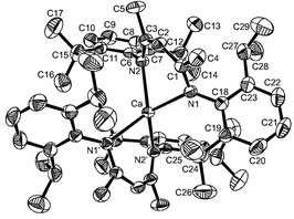 An ORTEP drawing of CaL2 with thermal ellipsoids drawn at the 50% probability level. Selected bond lengths (Å) and bond angles (°): Ca–N1 2.384(1), Ca–N2 2.377(1); N1–Ca–N2 83.08(4), N1–Ca–N1′ 126.12(6), N1–Ca–N2′ 123.26(4), N2–Ca–N1′ 123.27(4).