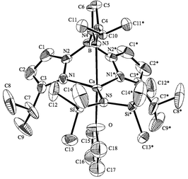 An ORTEP drawing of [η3-HB(3-iPrpz)3]CaN(SiMe3)2·THF, 4, with thermal ellipsoids drawn at the 30% probability level.