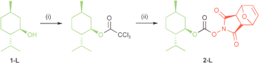 Synthesis of ROMP monomer 2-L. (i) Triphosgene, py, DCM, −70 °C → rt, 12 h. (not isolated) (ii) exo-N-hydroxy-7-oxabicyclo[2.2.1]hept-5-ene-2,3-dicarboximide, NEt3, DMF, −30 °C → rt, 12 h 76%.