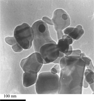 TEM image of a Cu/ZnO sample prepared from photo-deposition of [Cu(OCH(Me)CH2NMe2)2] on ZnO in methanol solution.