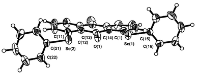 Structure of 1. Selected bond lengths (Å), angles (°) and torsion angles (°): Se(1)–C(1), 1.922(7), Se(1)–C(15) 1.924(6), Se(2)–C(11) 1.917(6), Se(2)–C(21) 1.927(6), C(13)–O(1) 1.225(7), Se(1)–O(1) 2.688(4), Se(2)–O(1) 2.673(4); C(1)–Se(1)–C(15) 98.5(3), C(11)–Se(2)–C(21) 100.2(3), Se(1)–O(1)–Se(2) 152.5(2); C(14)–C(1)–Se(1)–C(15) −172.8(6), C(12)–C(11)–Se(2)–C(21) −171.3(5), C(1)–Se(1)–C(15)–C(16) 90.5(6), C(11)–Se(2)–C(21)–C(22) 103.5(6).