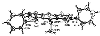 Structure of 2. Selected bond lengths (Å), angles (°) and torsion angles (°): Se(1)–C(1) 1.930(4), Se(1)–C(15) 1.921(5), Se(2)–C(11) 1.932(5), Se(2)–C(21) 1.938(5), C(13)–O 1.387(5), C(27)–O 1.436(6), Se(1)–O 2.731(3), Se(2)–O 2.744(3); C(1)–Se(1)–C(15) 99.2(2), C(11)–Se(2)–C(21) 99.9(2), C(13)–O–C(27) 111.7(4), Se(1)–O–Se(2) 147.9(1); C(14)–C(1)–Se(1)–C(15) –163.1(4), C(12)–C(11)–Se(2)–C(21) 175.8(4), C(1)–Se(1)–C(15)–C(16) –104.2(5), C(11)–Se(2)–C(21)–C(22) 88.3(5), C(14)–C(13)–O–C(27) 89.1(5).