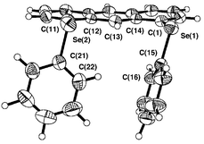 Structure of 3. Selected bond lengths (Å), angles (°) and torsion angles (°): Se(1)–C(1) 1.923(3), Se(1)–C(15) 1.923(3), Se(2)–C(11) 1.943(3), Se(2)–C(21) 1.931(3); C(1)–Se(1)–C(15) 100.3(1), C(11)–Se(2)–C(21) 98.3(1); C(14)–C(1)–Se(1)–C(15) 72.6(3), C(12)–C(11)–Se(2)–C(21) –103.0(3), C(1)–Se(1)–C(15)–C(16) 6.7(3), C(11)–Se(2)–C(21)–C(22) 85.8(3).