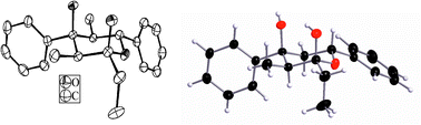 X-ray structure of 8a.Crystal data for 8a: orthorhombic, space group Pna21 (No. 33), a = 10.9177(9), b = 17.2334(10), c = 9.4999(5) Å, V = 1787.4(2) Å3, Z = 4, ρcalc = 1.213 g cm−1, data collection: STOE IPDS, 27347 reflections, 4247 independent reflections, Rint = 0.0409, T = 173 K, Mo-Kα radiation (λ = 0.71069 Å), 2θmax = 56.22°, −14 ⩽
h
⩽ 14, −22 ⩽
k
⩽ 22, −12 ⩽
l
⩽ 12, crystal size 0.45 × 0.4 × 0.3 mm, no absorption correction, structure solution by direct methods, refinement against F2 (SHELX-979). The refinement of 322 parameters converged at R = 0.0292 and wR = 0.0732 (I > 2σ(I)) and R = 0.0324 and wR = 0.0746 (all reflections). Flack10 parameter 0.8(6). The absolute configuration could not be determined from X-ray. CCDC 163263. See http://www.rsc.org/suppdata/cc/b2/b209536j/ for crystallographic data in CIF or other electronic format. Enantiomorphous crystals of 8a were received from EtOH (conglomerate). The ellipsoids (left) represent a probability factor of 50%; stick and ball representation (right).