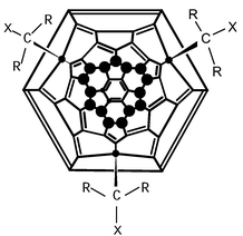 Structure of 1; R = CO2Et, X = CO2CH2AnthTTF, ● = F.