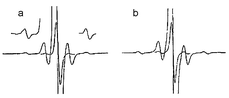 (a) EPR spectrum of a solution of radical 2 (∼6 × 10−3 M) in CH2Cl2 at room temperature (microwave power, 5 mW; modulation frequency, 100 kHz; modulation amplitude, 0.1) and amplification skowing 13C couplings. (b) Computer simulation with the parameters given in the text.