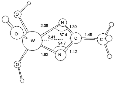 A drawing of the calculated geometry for the minimum energy of a hypothetical reactive intermediate (HO)3W(η2-N2CMe) showing the asymmetric nature of the metallacycle.