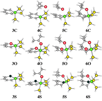 Calculated structures of complexes 3–6. Colour scheme: Ir: green, C: grey, H: white, O: red. S: blue, P: yellow.