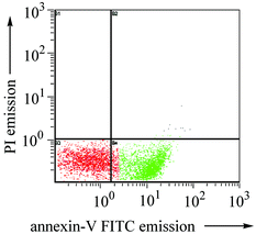 Flow cytometric study of 1a-induced apoptosis of HeLa cells. Plot shows the fluorescent data of propidium iodide (PI) and annexin V-fluorescein corresponding to 57.3%
(t
= 15 h) apoptotic cells.