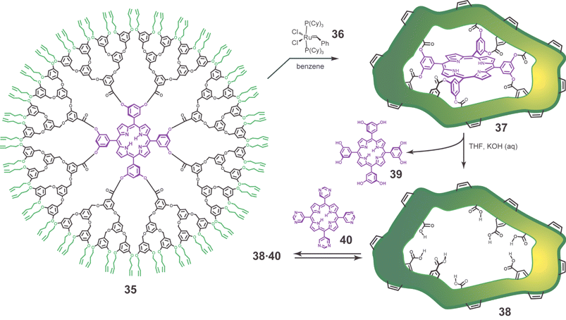 Scheme illustrating monomolecular imprinting method, the synthesis of molecularly imprinted dendrimers (MIDs).8 Dynamic cross-linking of 35 is performed with 4 mol% of 36 per alkene at a dendrimer concentration of 10−6 M. The imprinted dendrimer 38 does not bind template 39 because the addition of eight water molecules makes its binding cavity too small. However, porphyrins with complementary basic sites such as 40 form complexes in apolar organic solvents.