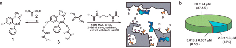 (a) Synthesis and schematic representation of a diazepam MIP (reference 15). The synthetic scheme emphasizes the need to noncovalently assemble methacrylic acid (MAA) molecules around the diazepam template (1) in a preequilibrium step preceding cross-linking with ethylene glycol methacrylate (EGDMA). Adapted with permission from reference 16, the schematic of the resulting gel emphasizes the heterogeneity of binding sites: high affinity site in macropore (A) and micropore (F), and lower affinity sites (B) in macropore, (C) trapped template, (E) embedded site, (D) highest affinity site with shape selectivity from polymer. (b) Chart showing dissociation constants and populations of three classes of binding sites needed to fit binding isotherm (data from reference 15).