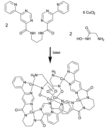 Formation of the complex cation of 1 by self-assembly from L, GHA and CuCl2. Axial Cu-ligands are omitted for clarity.