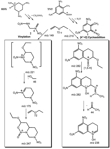 Reaction mechanisms of vinylation for the ion 2 of m/z 149 and [4+
					+ 2] cycloaddition for the ion 1 of m/z 210.