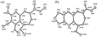 ORTEP diagrams of (a) 13 and (b) 15.