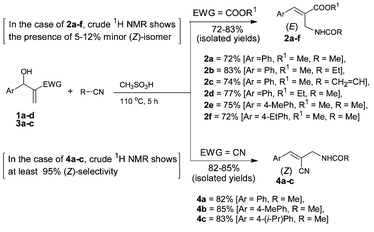 Stereoselective transformation of Baylis–Hillman adducts into (E)-allyl amides (2a–f) and (Z)-allyl amides (4a–c) under Ritter conditions.10,11