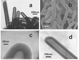 (a) a typical TEM image of the synthesized CNNTs; (b) field-emission SEM image of the CNNTs; (c) HRTEM image of a tubular structure of a CNNT; (d) TEM image of a typical CNNT.