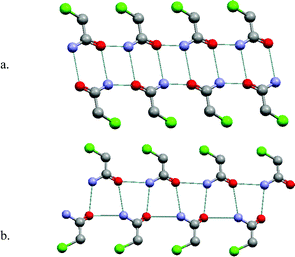 The self-organization modes seen in two polymorphs of chloroacetamide: (a) centrosymmetric dimer that self-assembles as 1-D tapes; (b) catemer motif, which also forms 1-D tapes.