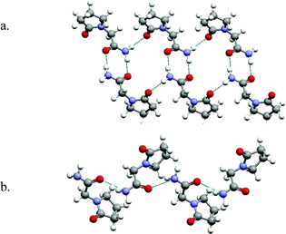 The network structures formed by Piracetam: (a) homodimers form supramolecular tapes two forms; (b) 1-D chains sustained by the catemer motif are found in the third form.