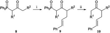 
          Reagents and conditions: i, LDA (2 eq.), THF, −78 °C, (E)-PhCHCHCH2Br; ii, a, NaOH, H2O, EtOH, reflux, or b, KOH, MeOH, reflux (see Table 4).