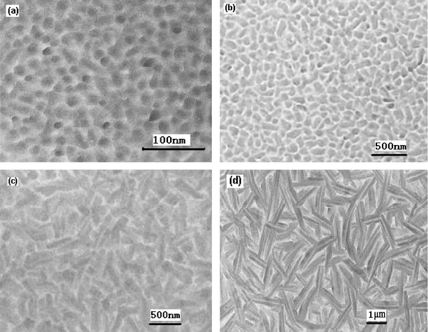 Transmission electron micrographs from CuPc films at different substrate temperatures. (a) Tsub = 20 °C, (b) Tsub = 120 °C, (c) Tsub = 170 °C, (d) Tsub = 200 °C.