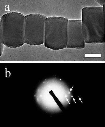 (a) TEM image showing localized region of a silicalite nanoparticle chain with co-aligned crystals (bar = 100 nm). (b) Corresponding “single-crystal” electron diffraction pattern viewed along the [100] zone axis. Reflections for (040), (051), (060), (080)
					(d-spacings, 4.95, 3.80, 3.31, 2.48 Å, respectively) are highlighted (arrows). The (051) reflection is 16.5° to the b* axis, and the chain direction lies parallel to the crystallographic b direction.