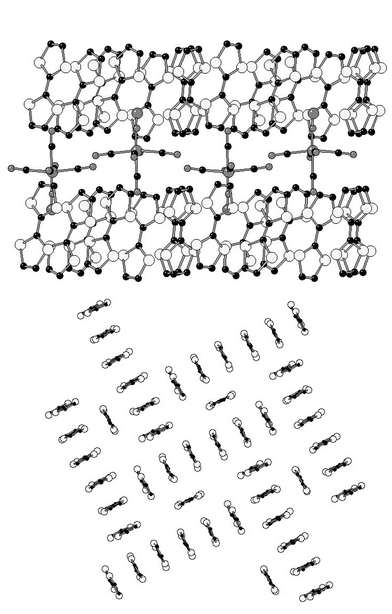 Multilayered structure (top) and view of the organic layer (bottom) of the salt (TTF)7[Fe(CN)5NO]2.