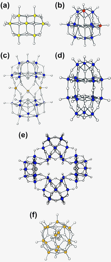 Structures of anions for some of the bio-active PMs which are discussed in this work: [Mo7O24]6−
					(a), [PTi2W10O40]9−
					(b), [(VO)3(SbW9O33)2]9−
					(c), [P2W18O62]6−
					(d), [(AsW9O33)4(WO2)4]28−
					(e), and [V15O36(CO3)]7−
					(f).