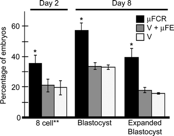 Developmental data from cumulus removal study. Day 2 data is the percentage of 8 cell embryos of total number cleaved in each treatment. Day 8 data is the percentage of blastocyst and expanded blastocyst. Treatment A (black, n
					= 134) underwent microfluidic cumulus removal (µFCR). Treatment B (grey, n
					= 136) underwent vortex (V) cumulus removal followed by placement in a microfluidic environment.33 Treatment C (white, n
					= 139) underwent vortex cumulus removal. (*) Represents a significant difference (p < 0.01) from the other columns. (**) Embryos with 6 or more cells at the time of reading were categorized as 8-cell.