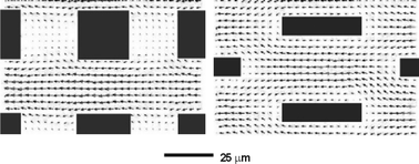 Vector plot of measured velocity field in the microstructures using DPIV. (right to left). In the Square geometry, the streamlines are straight, while in the Offset geometry, the streamlines are curved and weave around the pillars. Additionally, the sluggish flow region is evident behind the Square pillars can be clearly recognizable, whereas the slim Offset pillars do not exhibit this sluggish region.