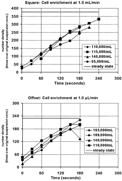 HL-60 cell enrichment vs. time for both micropillar arrays. In the Square array, the enrichment of cells reached almost 400 times (steady state), while for the Offset array, cells were concentrated to less than 240 times the original concentration. These measurements were performed for initial cell concentrations of about 100,000 cells mL−1. (Legend indicates initial cell concentration.)