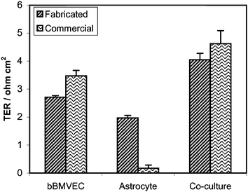 Comparison of TERs of bMVEC-B, astrocytes, and co-cultures on fabricated silicon nitride membranes with 420 nm pores and commercial membrane inserts with 0.4 µm high density pores. Measurements were taken six days post astrocyte cell seeding.